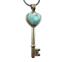 Vintage Sterling Silver Round Snake Chain Necklace With Turquoise Heart Stone Key Pendant