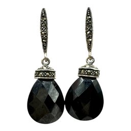 Sterling Silver Black Onyx Faceted Dangle Earrings With Marcasite Accents