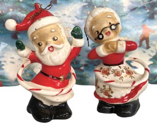 Rare Mid Century Santa & Mrs. Claus Peppermint Hula Hooper Christmas Ornaments