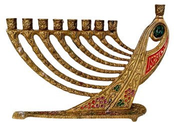 Mid Century Enamel Brass & Stone Chanukah Menorah