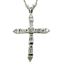 Vintage Sterling Silver Cable Chain Necklace With Clear Gemstone Cross Pendant