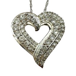 Sterling Silver Rope Chain Necklace With Clear Gemstone Heart Pendant