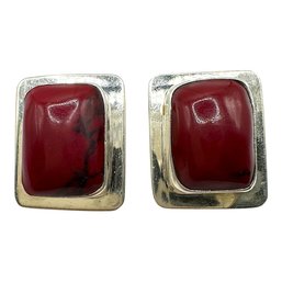 Vintage Mexican Sterling Silver Rectangular Carnelian Clip On Earrings