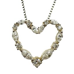 Vintage Italian Sterling Silver Box Chain With Clear Gemstone Heart Pendant Necklace