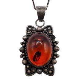 Sterling Silver Box Chain Necklace With Amber Stone Pendant