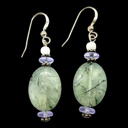 Vintage Sterling Silver Clear Sage Green Rutilated Quartz Dangle Earrings With Accent Beads