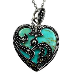 Vintage Sterling Silver Rolo Chain Necklace With Blue Turquoise And Marcasite Heart Pendant