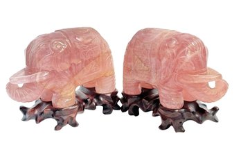 Antique Carved Pink Quartz Or Jade Elephants