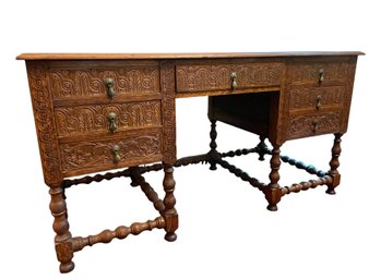 Fine Antique English Revival Style Carved Oak Knee Hole Desk