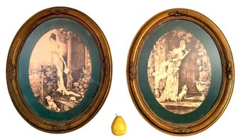 Pair Of Large French Prints 'Ladies With Dogs' In Oval Antique Frames