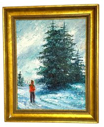 Mid Century Signed Impressionist Oil On Board 'Boy In Winter'