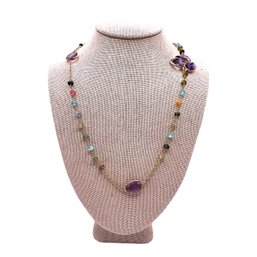 Sterling Silver Vermeil Cable Chain Necklace With Multicolored Beads And Purple Gemstone Accents