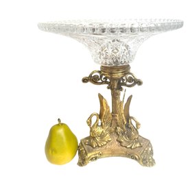 Ornate Vintage Brass Swan Pedestal With Cut Glass Bowl