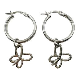 Vintage W & W Sterling Silver Hoop Earrings With Butterfly Dangle Accent