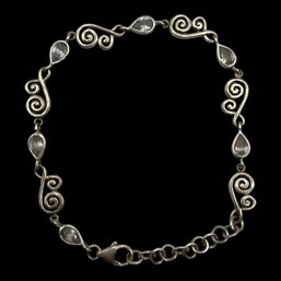 Vintage Sterling Silver Clear Teardrop Stones Swirl Linked Bracelet