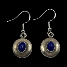 Vintage Sterling Silver Lapis Round Dome Dangle Earrings