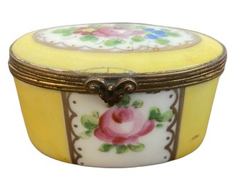 Antique Hand Painted Porcelain Yellow Rose Pill Box