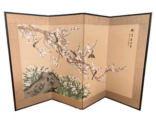 Vintage Hand Painted Cherry Blossom Folding Japanese Table Screen