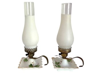 Pair Of Vintage Boudoir Table Lamps With Hurricane Shades