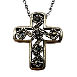 Vintage Italian Sterling Silver Black Cable Chain Necklace With Marcasite Cross Pendant