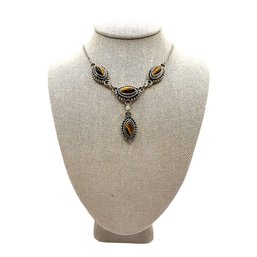 Beautiful Vintage Sterling Silver Tigers Eye Stone Pendants Y Shaped Necklace