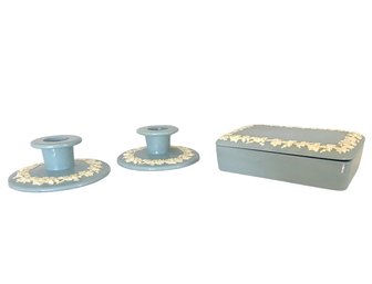 Vintage Wedgwood Queensware Candleholders And Trinket Box