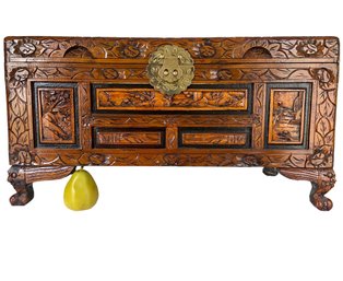 Vintage Intricately Carved Chinese Chest With Brass Accents