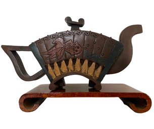 Yixing Zisha Fan-shaped Clay Teapot With Goldfish Motif
