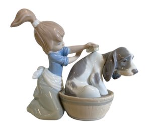 Vintage Lladro Porcelain Figure 'Girl Bathing Dog'