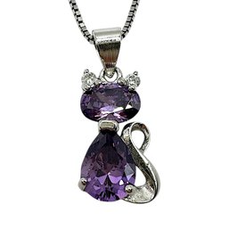 Italian Sterling Silver Box Chain Necklace With Amethyst And Clear Gemstones Cat Pendant