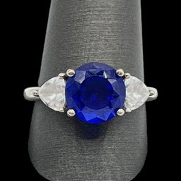 Beautiful Sterling Silver Brilliant Blue Sapphire And Clear Stones Ring, Size 11