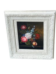 Reproduction Victorian Era Inspired Still Life Floral Painting With Ornate White Wood Frame