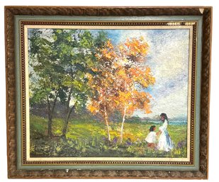 Mid Century Signed Impressionist Oil On Board 'Woman & Daughter In Fall'