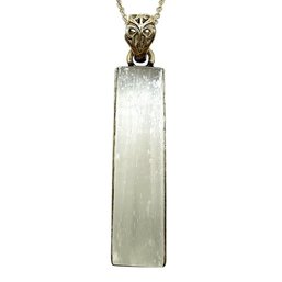 Sterling Silver Rolo Chain Necklace With Rectangular Clear Frosted Pendant