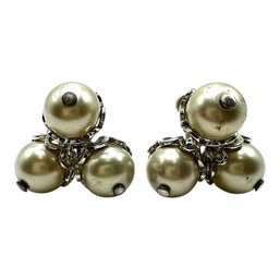 Vintage NAOMI Sterling Silver Triple Pearl Screw Back Earrings