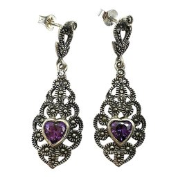 Vintage Sterling Silver Marcasite Dangle Earrings With Amethyst Heart Gemstone Accent