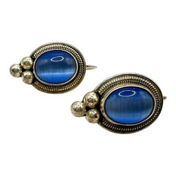 Vintage Mexican Sterling Silver Blue Cats Eye Cabochon Earrings