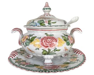 Vintage Anfora Hand Painted Soup Tureen & Underplate From Portugal