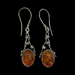 Beautiful Vintage Sterling Silver Amber Ornate Dangle Earrings