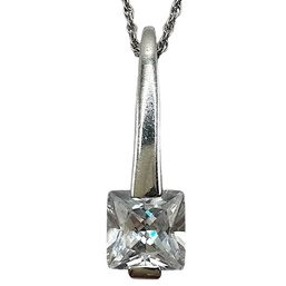 Italian Sterling Silver Rope Chain Necklace With Square Cut Clear Gemstone Dangle Pendant