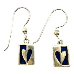 Vintage Sterling Silver Rectangle Lapis Heart Dangle Earrings