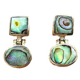 Vintage Sterling Silver Abalone Shell Square And Oval Dangle Earrings