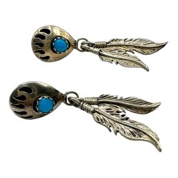 Vintage Native American Sterling Silver Bear Claw And Feather Dangle Earrings With Turquoise Stone Accent