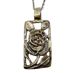 Vintage Sterling Silver Rope Chain Necklace With Rectangular Rose Pendant