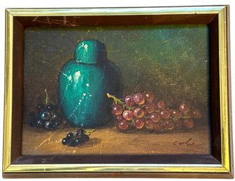 Small Signed Oil Painting On Board 'Still Life Vase With Fruits Grapes'