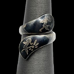 Vintage Sterling Silver SIAM Black Inlay Warrior Wrap Ring, Size 4.5