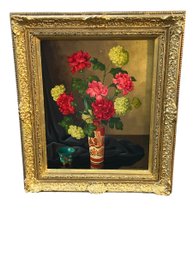 Victorian Age Inspired Floral Still Life Painting With Ornate Gilt Frame