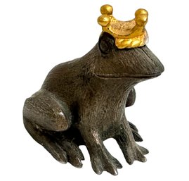 Antique Bronze Patinated Frog With Golden Crown