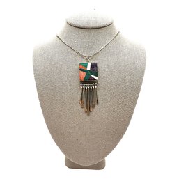 Gorgeous Vintage Native American Multi Stone Fringe Pendant On Italian Sterling Silver Square Snake Necklace