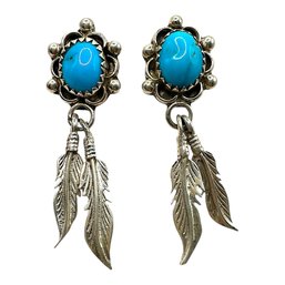 Vintage Sterling Silver Native American Turquoise And Feather Dangle Earrings